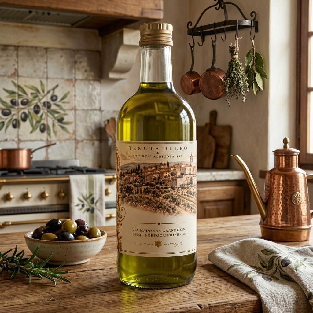 Olio Tenute di Leo in bottiglia su piano cucina con rami di ulivo